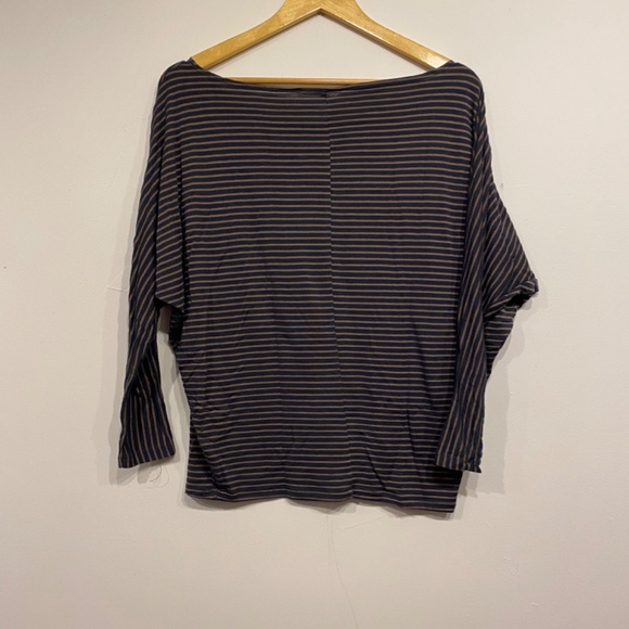 **$5 SALE** Navy and Brown Striped Long Sleeve Stretchy Blouse - Picture 2 of 3